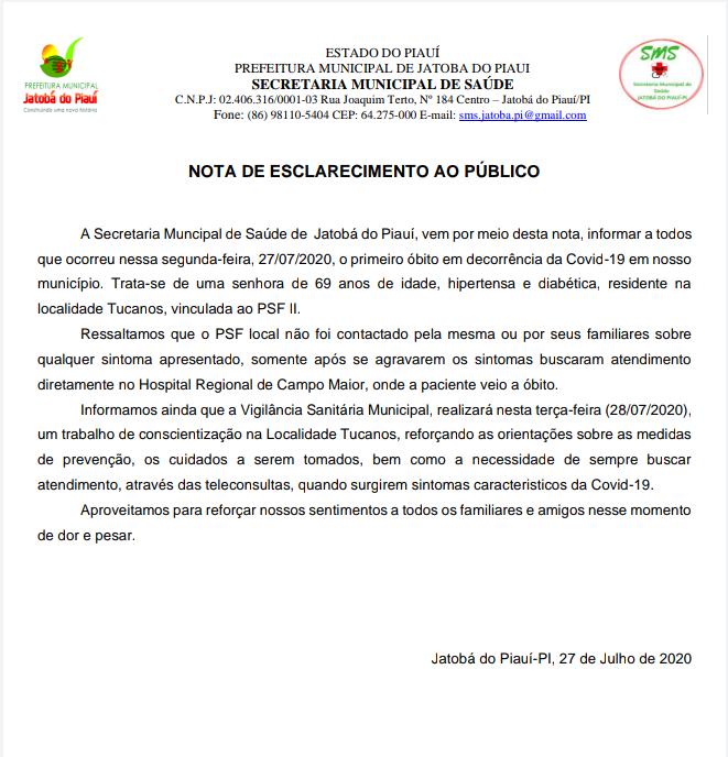 Jatobá do Piauí registra o primeiro caso de óbito em decorrência da Covid-19 no município  - Imagem 1