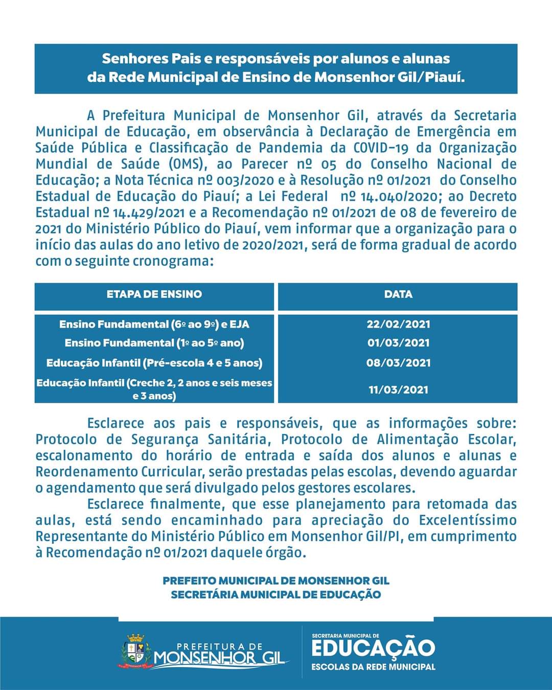 Voltar as aulas em Monsenhor Gil, mas voltar com segurança, diz prefeito João Luiz - Imagem 1