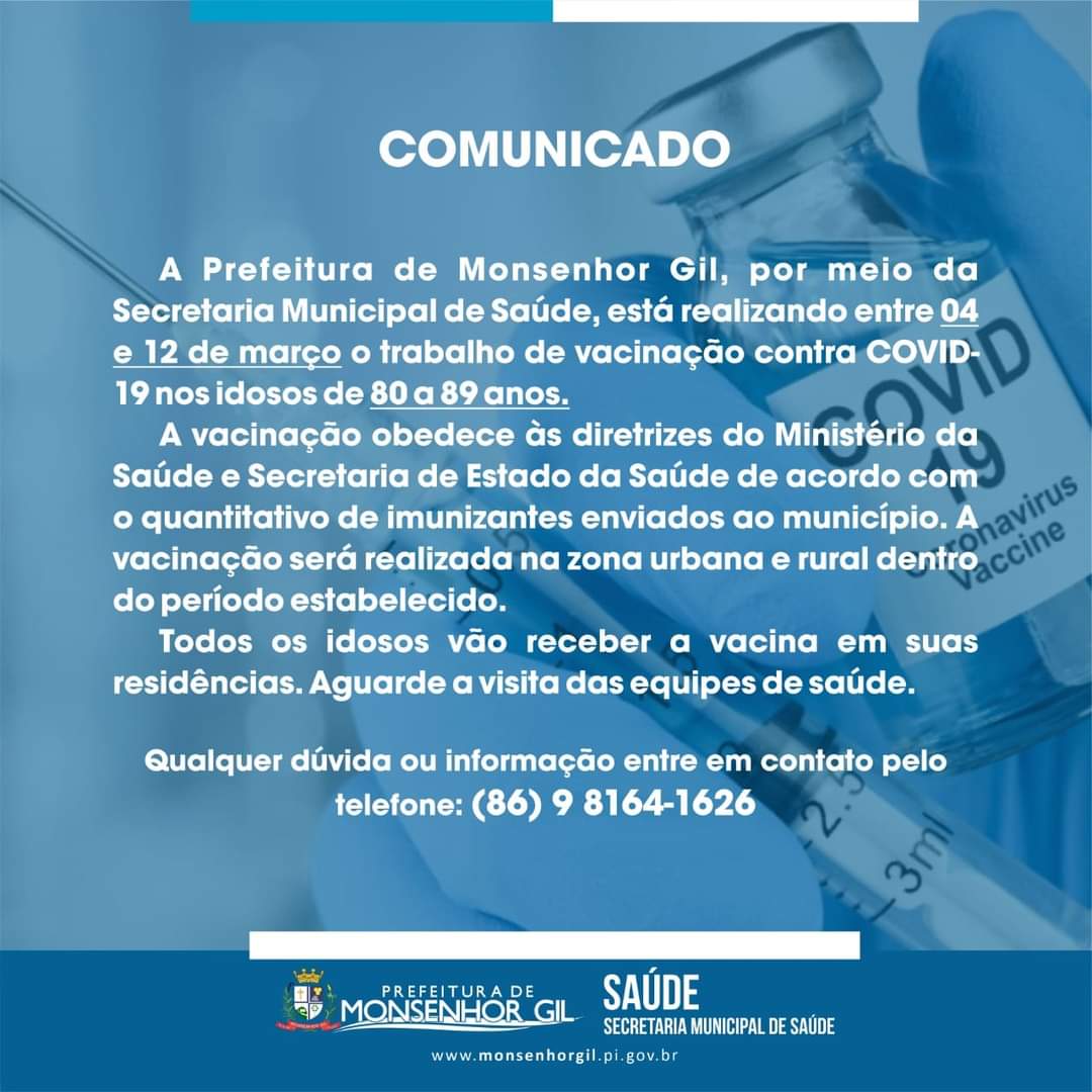 Mais uma etapa de vacinação contra a Covid-19 em Monsenhor Gil, destinada aos idosos - Imagem 1