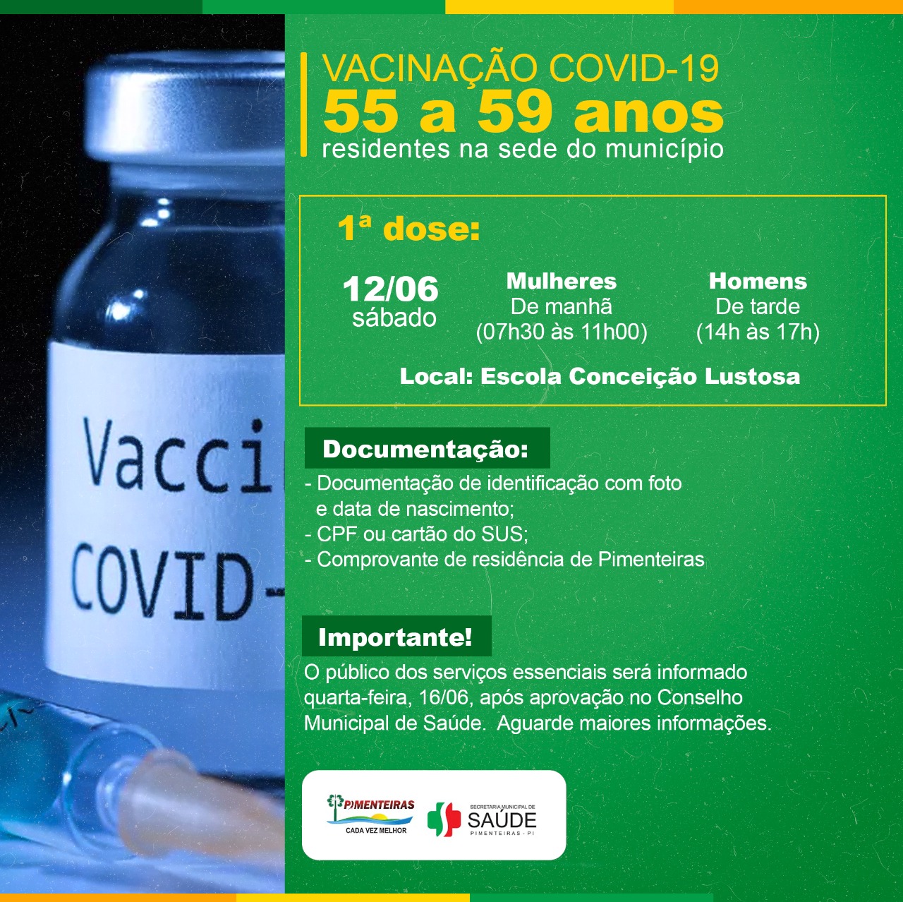 Covid-19: Pimenteiras inicia vacinação para população entre 55 a 59 anos - Imagem 1