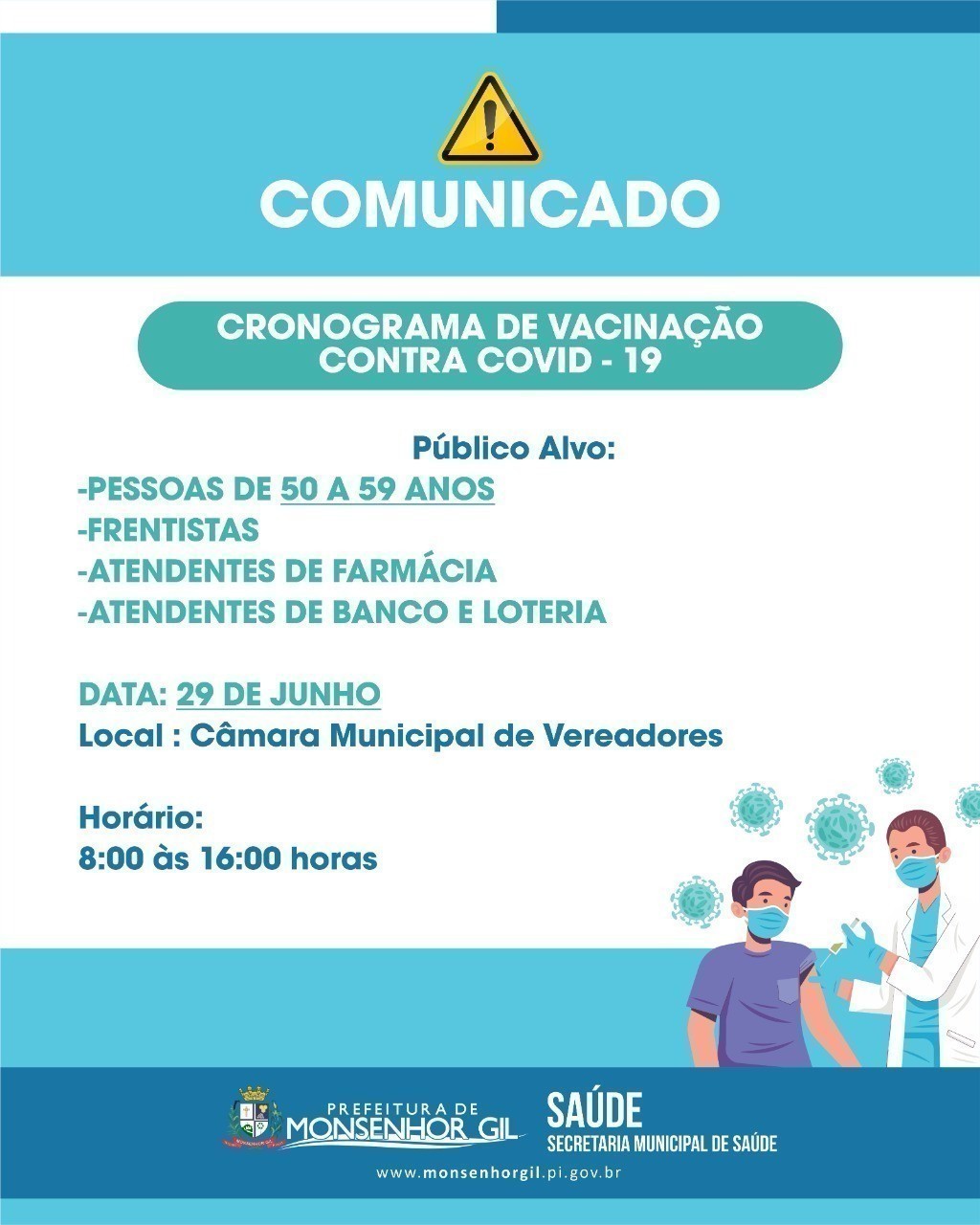Monsenhor Gil irá vacinar na terça feira de 50 a 59 e algumas categorias