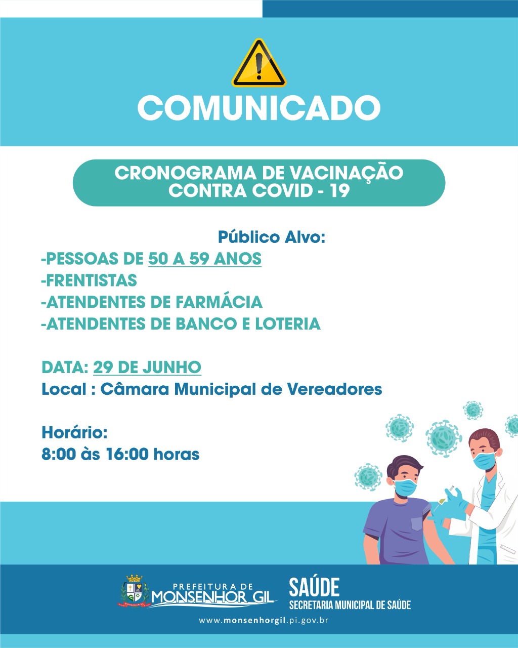 Monsenhor Gil irá vacinar na terça feira de 50 a 59 e algumas categorias - Imagem 1