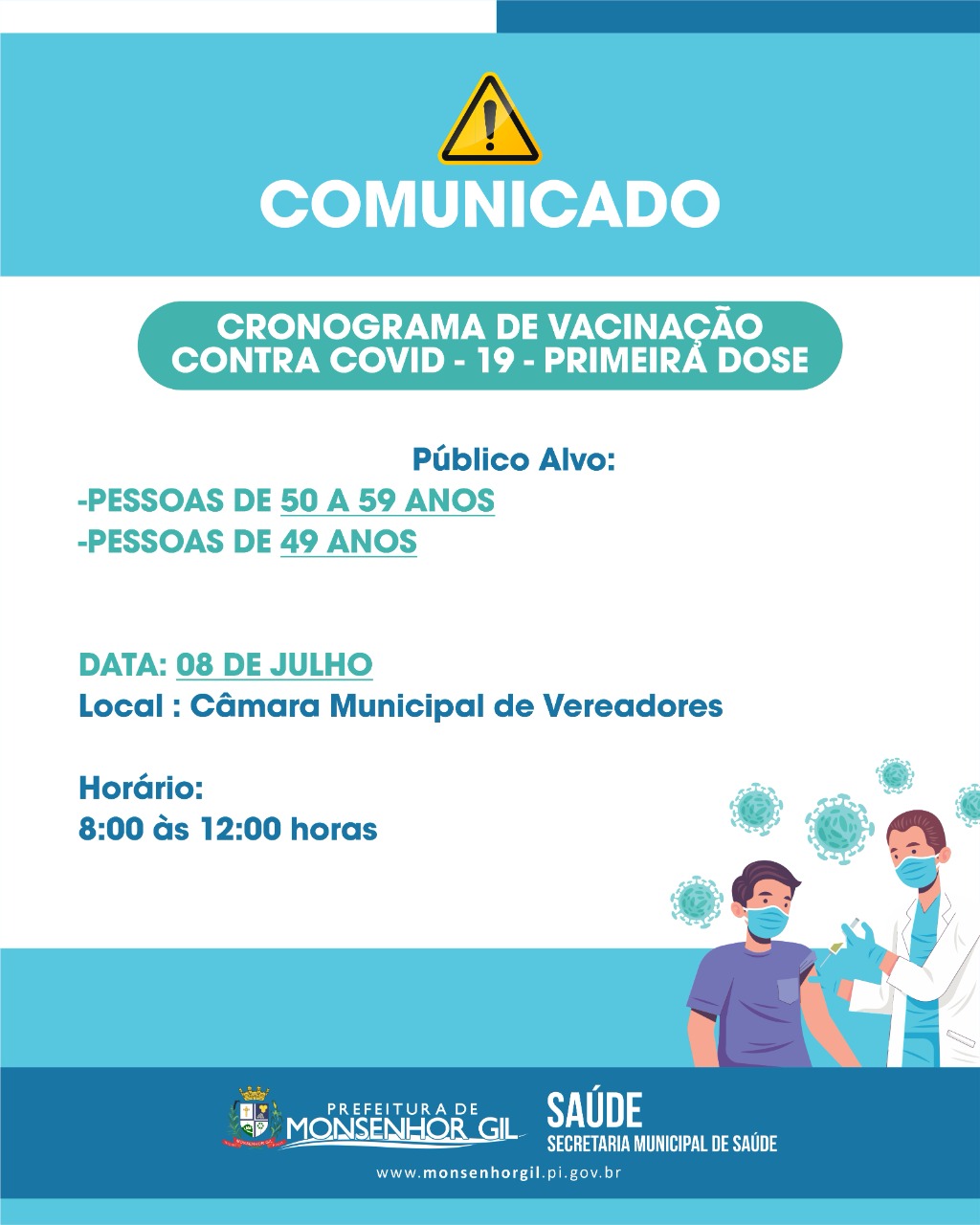 Casos de Covid-19 desacelera e vacinação avança em Monsenhor Gil - Imagem 1