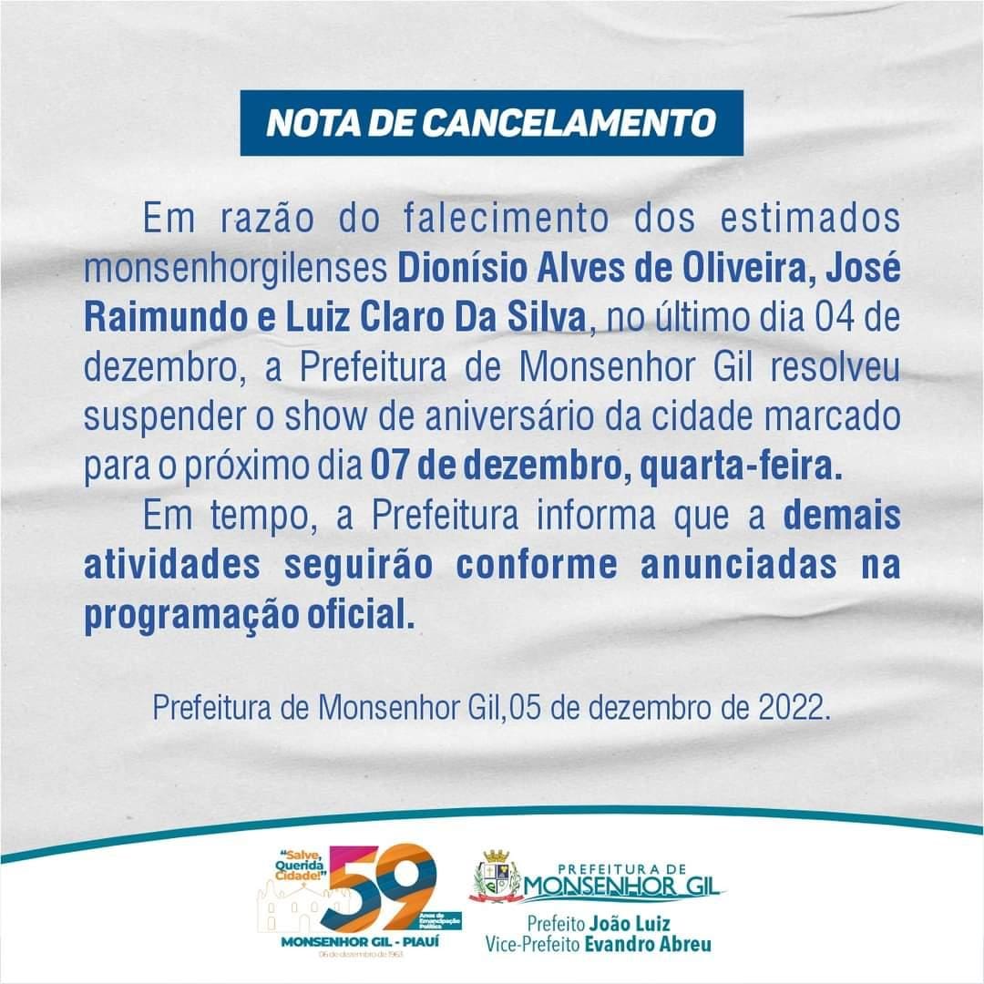 Devido morte de três monsenhorgilenses, prefeito João Luiz cancela festa - Imagem 1