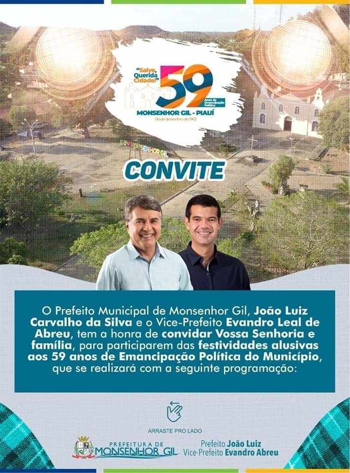 Prefeito João Luiz convida para aniversário de 59 anos de Monsenhor Gil 