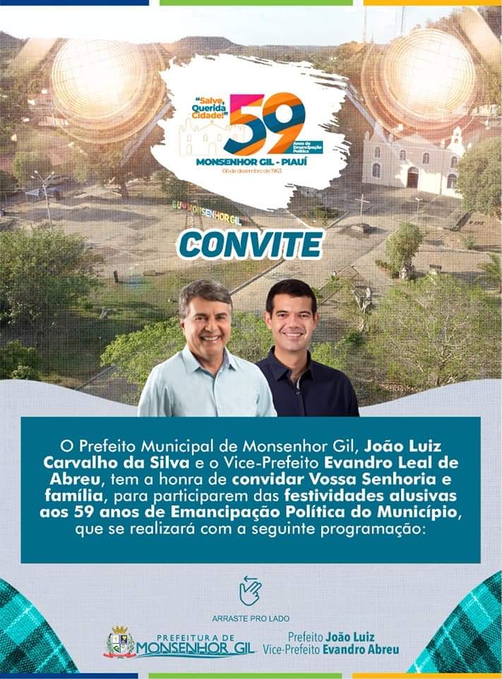 Prefeito João Luiz convida para aniversário de 59 anos de Monsenhor Gil  - Imagem 1