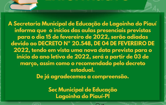 Inicio das aulas em Lagoinha adiado para Mês de Março de 2022