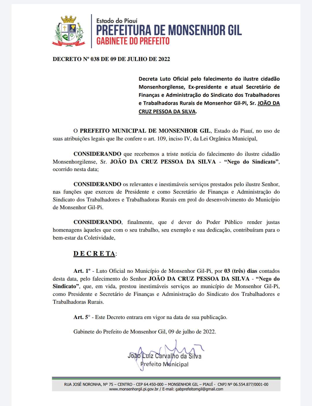 Prefeito decreta luto oficial por 03 dias pela morte de sindicalista - Imagem 1