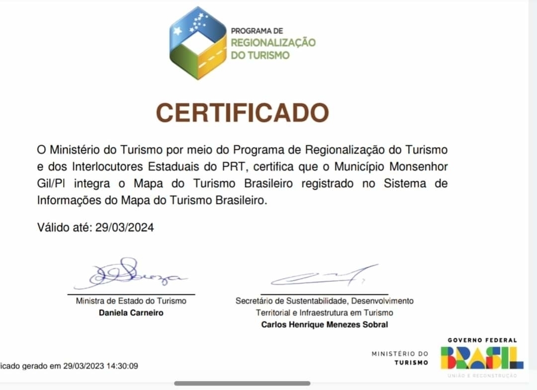 Município de Monsenhor Gil volta a integrar o Mapa do Turismo Brasil