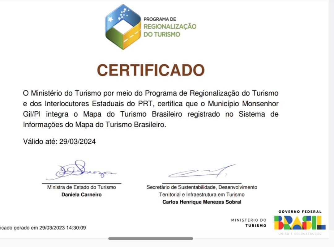 Município de Monsenhor Gil volta a integrar o Mapa do Turismo Brasil - Imagem 1