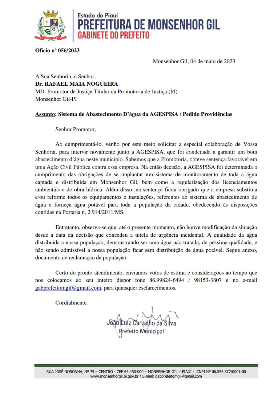 Prefeitura de Monsenhor Gil volta a cobrar Agespisa por soluções  - Imagem 1