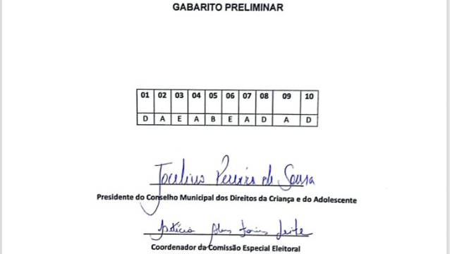 Gabarito Preliminar do Processo de Escolha dos Membros do Conselho Tutelar 