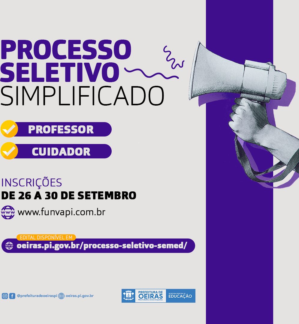 Prefeitura de Oeiras abre processo seletivo para professor e cuidador