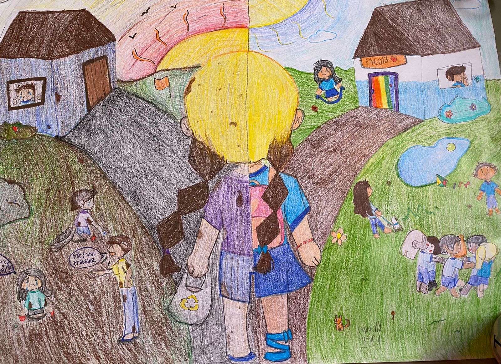 Desenho feito pela aluna Manuelly Victória Rodrigues Barbosa, estudante do 5º ano da Escola Elias Bezerra (Sítio Riachinho).