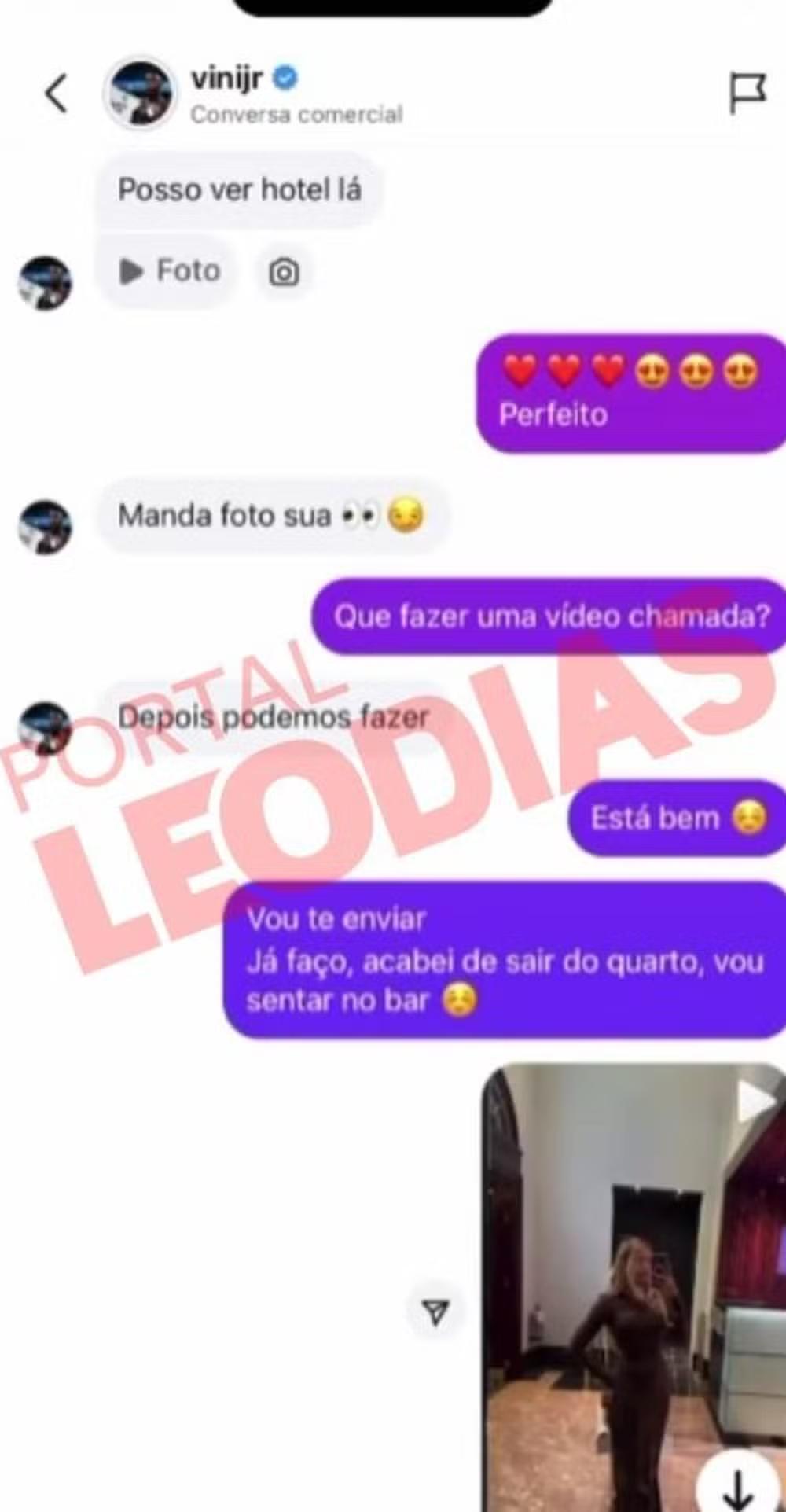 Troca de mensagens entre Vini Jr, e Day Magalhães Foto: Reprodução/Instagram