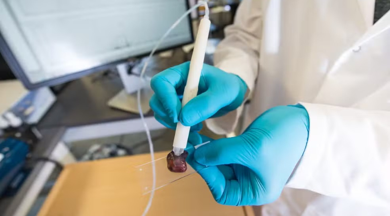 Demonstração de uso da caneta MasSpec em uma amostra de tecido humano  | Vivian Abagiu/Universidade do Texas