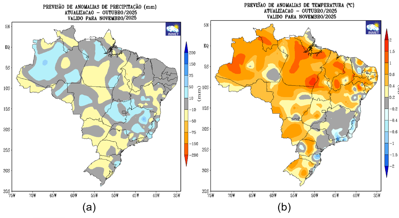  Previsão de anomalias de (a) precipitação e (b) temperatura média do ar do modelo climático do INMET, para o mês de novembro de 2025. Fonte: INMET