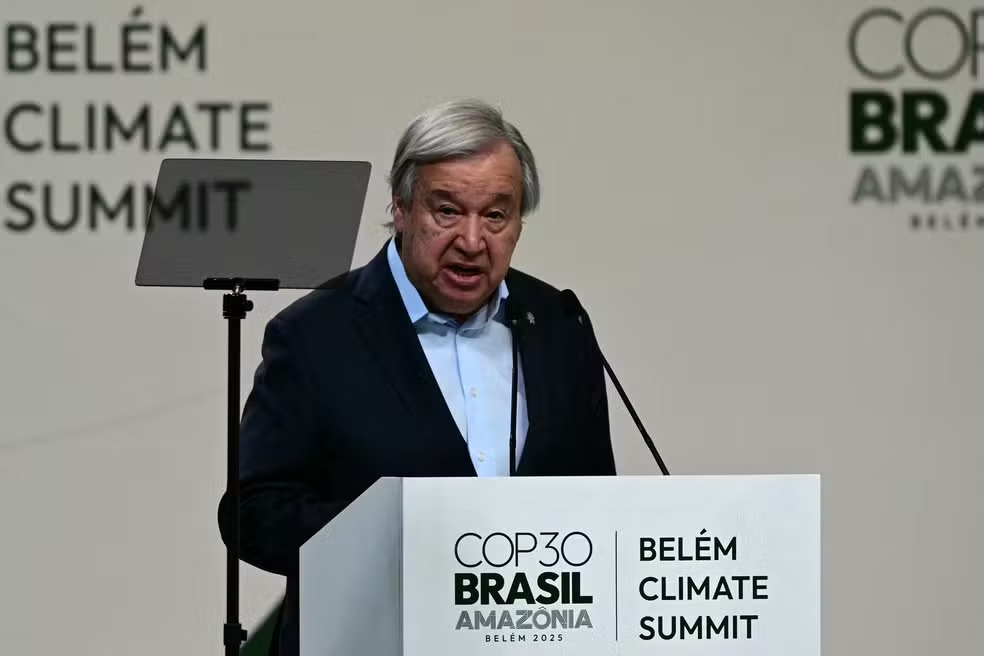 Antonio Guterres fala na abertura da COP30 em Belém — Foto: Pablo PORCIUNCULA/AFP 