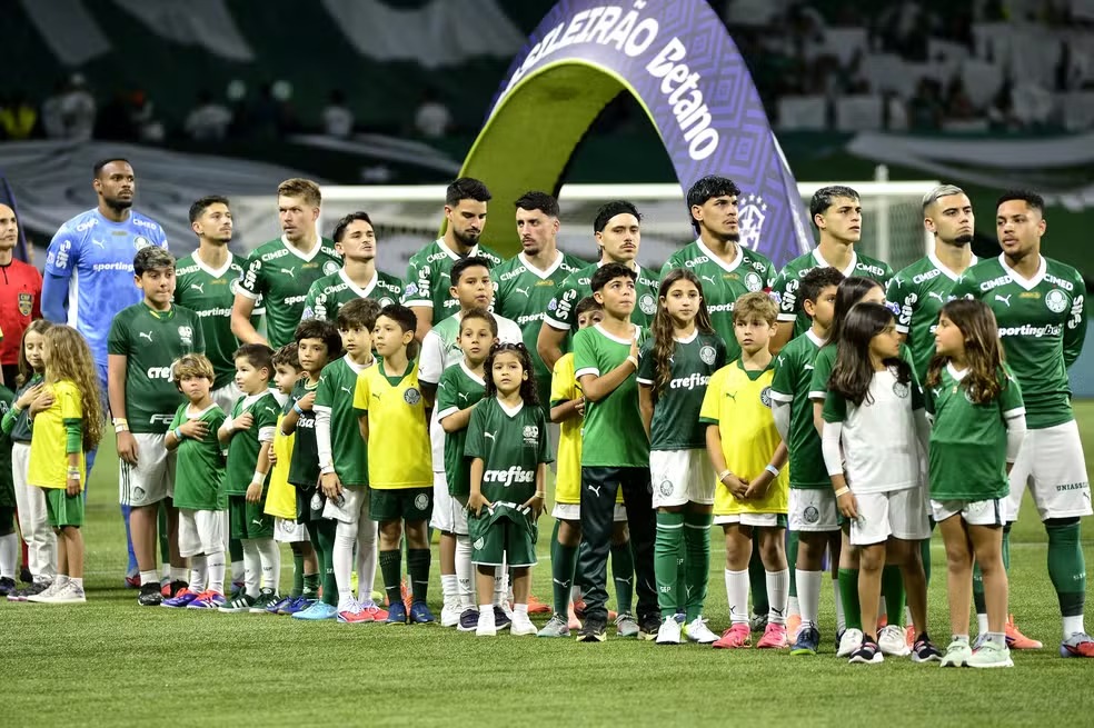 Jogadores do Palmeiras na partida contra o Santos — Foto: Marcos Ribol 