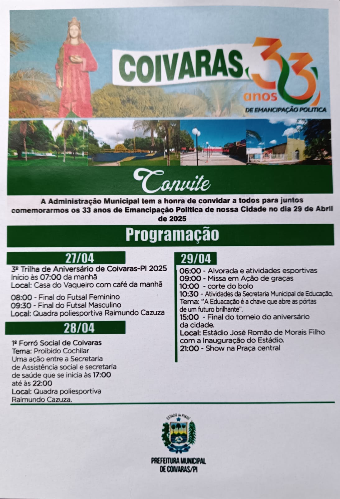 33 ANOS DE COIVARAS: Confira a programação de aniversário da cidade