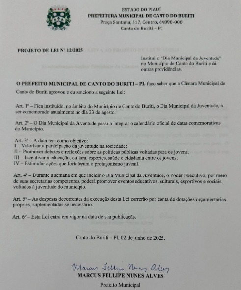 Projeto de Lei que propõe a criação do Dia Municipal da Juventude começa a ser tramitado no município de Canto do Buriti - Imagem 1