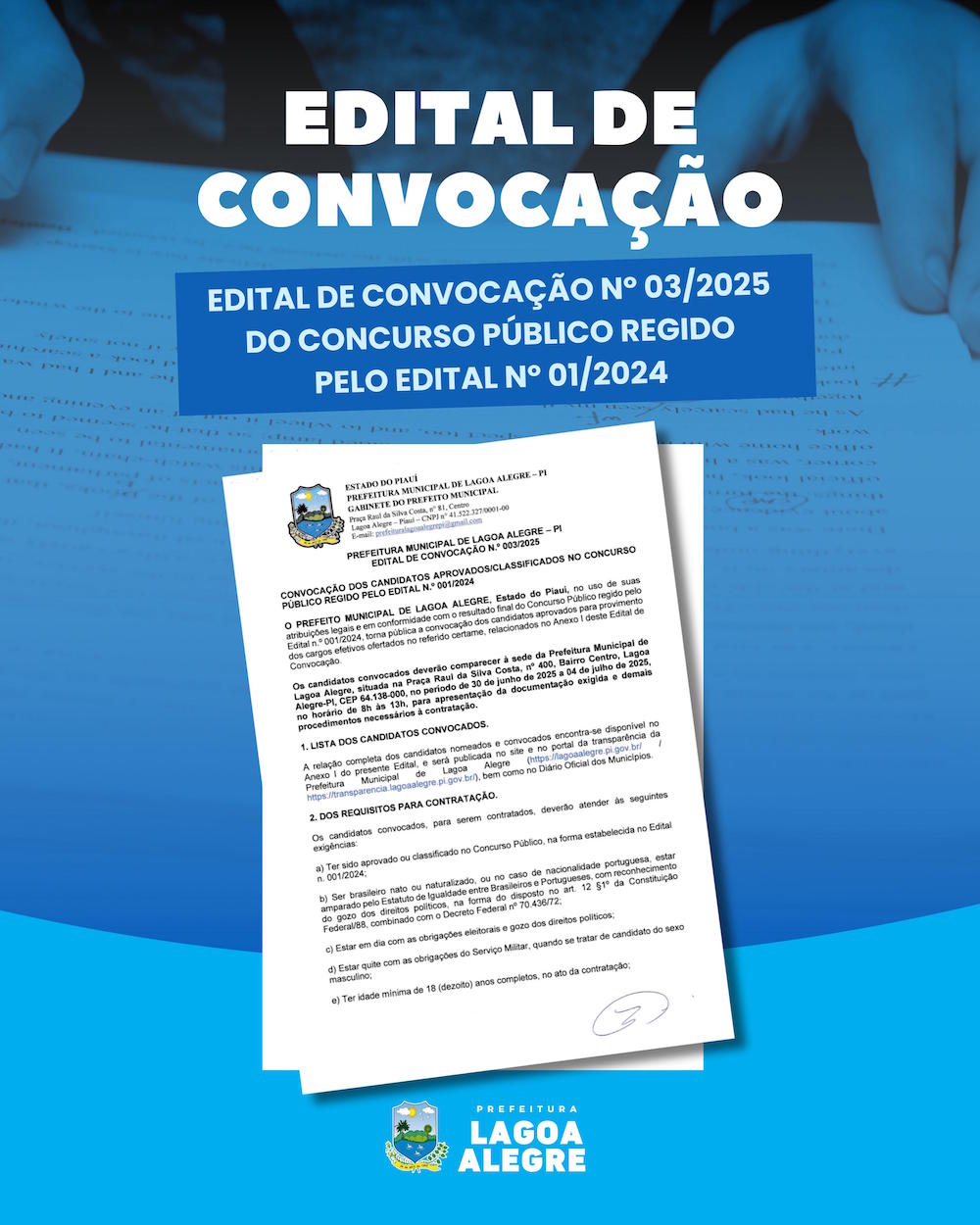 Prefeitura de Lagoa Alegre publica convocação de aprovados em concurso público - Imagem 1