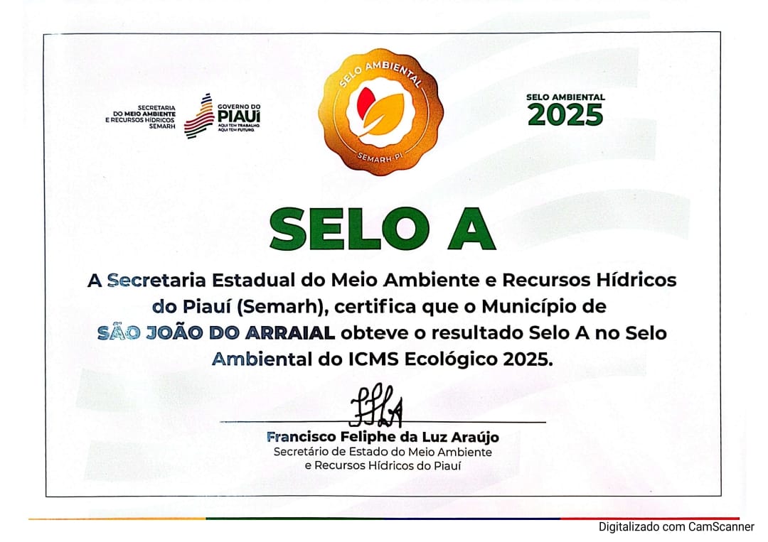 Selo A do ICMS ecológico 2025 para São João do Arraial