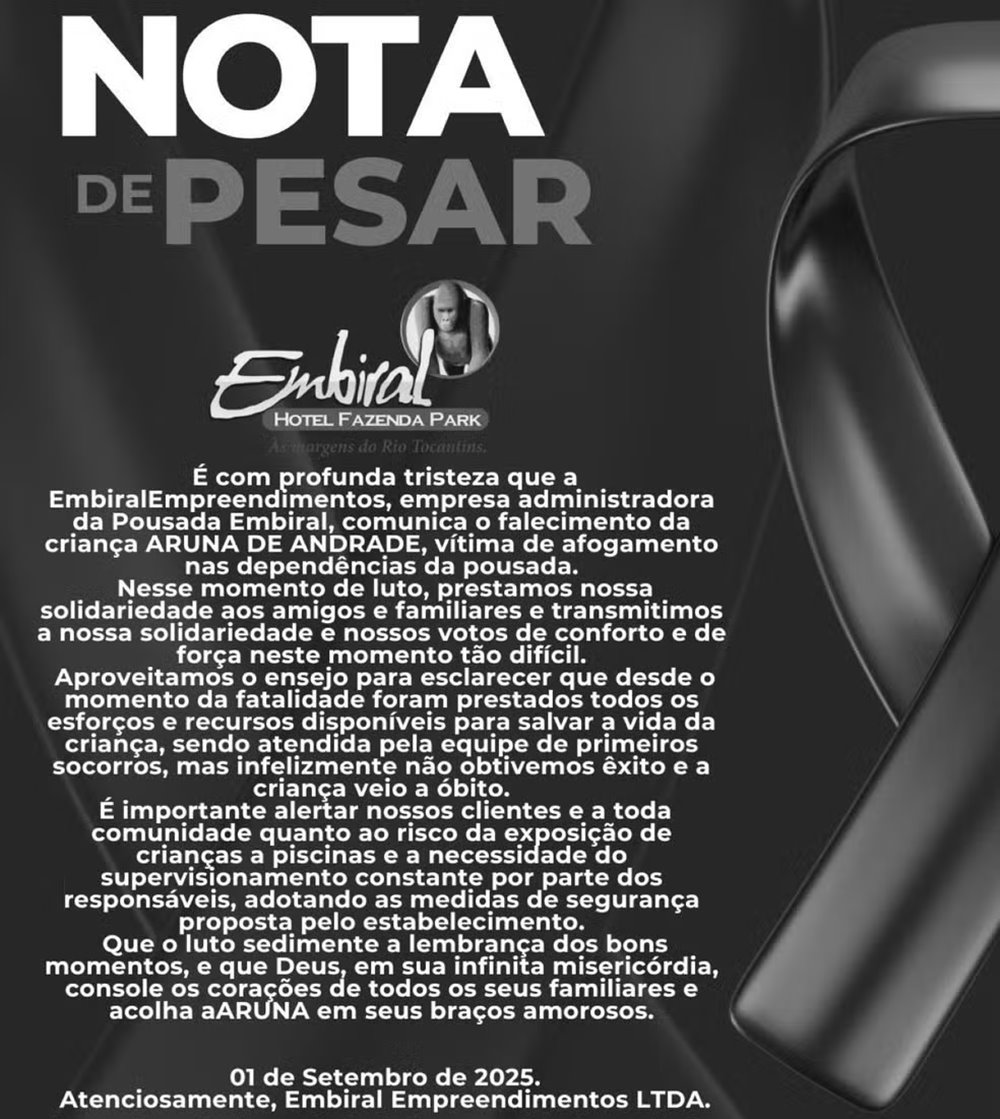 Hotel Embiral Fazenda Park divulga nota de pesar após morte de criança em piscina do local. — Foto: Reprodução/Redes Sociais 