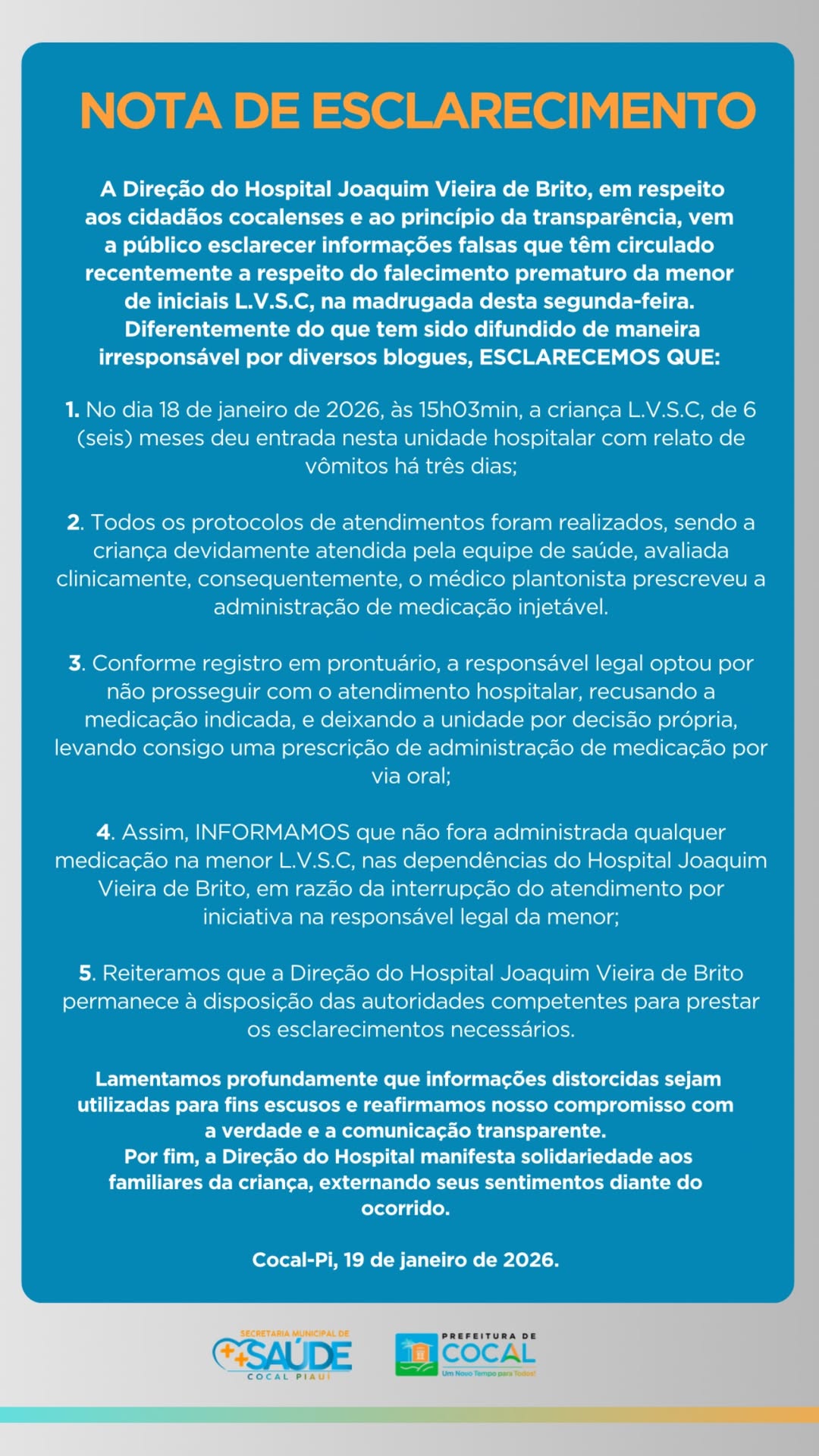 Nota compartilhada no Instagram./Foto: Secretária municipal de Cocal