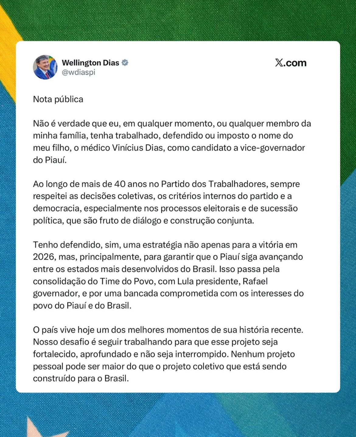 Nota publicada pelo ministro Wellington Dias nas redes sociais - Foto: Reprodução