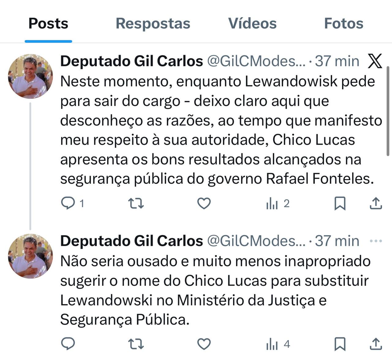 Deputado Gil Carlos pede nome de Chico Lucas no Ministério da Justiça | Foto: X