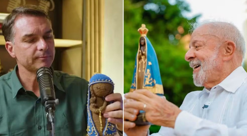 Flávio Bolsonaro (PL) e Lula (PT) com imagens de Nossa Senhora Aparecida  | Reprodução e Ricardo Stuckert