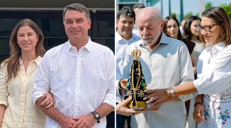 Flávio Bolsonaro (PL) e Lula (PT) com imagens de Nossa Senhora Aparecida  | Afonso Ferreira/TV Globo e Ricardo Stuckert