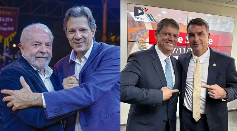 Lula e Haddah e Tarcísio com Flávio Bolsonaro | Reprodução