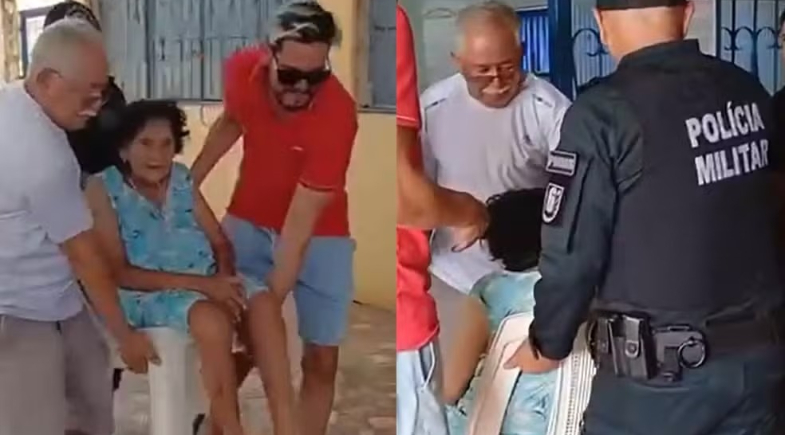 Eleitora é carregada em cadeira para votar em Corumbá | Reprodução
