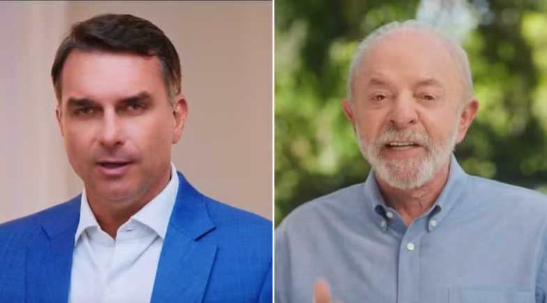 Os candidatos Flávio Bolsonaro (PL) e o presidente Lula (PT) em novo programa eleitoral | Reprodução