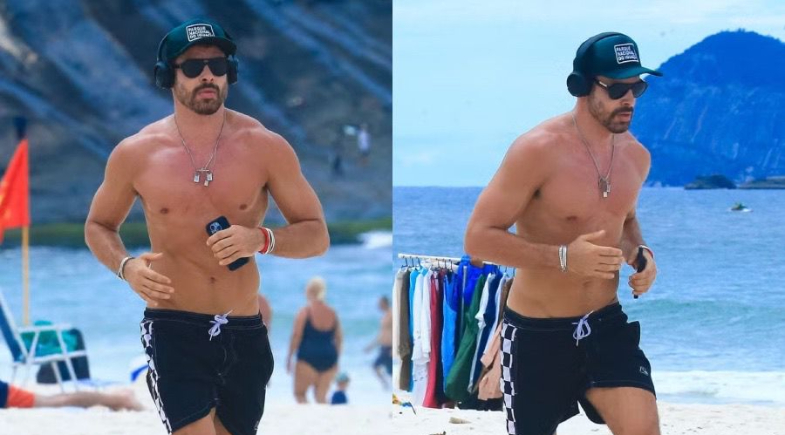 Cauã Reymond ostenta tanquinho perfeito em dia de praia no Rio de Janeiro