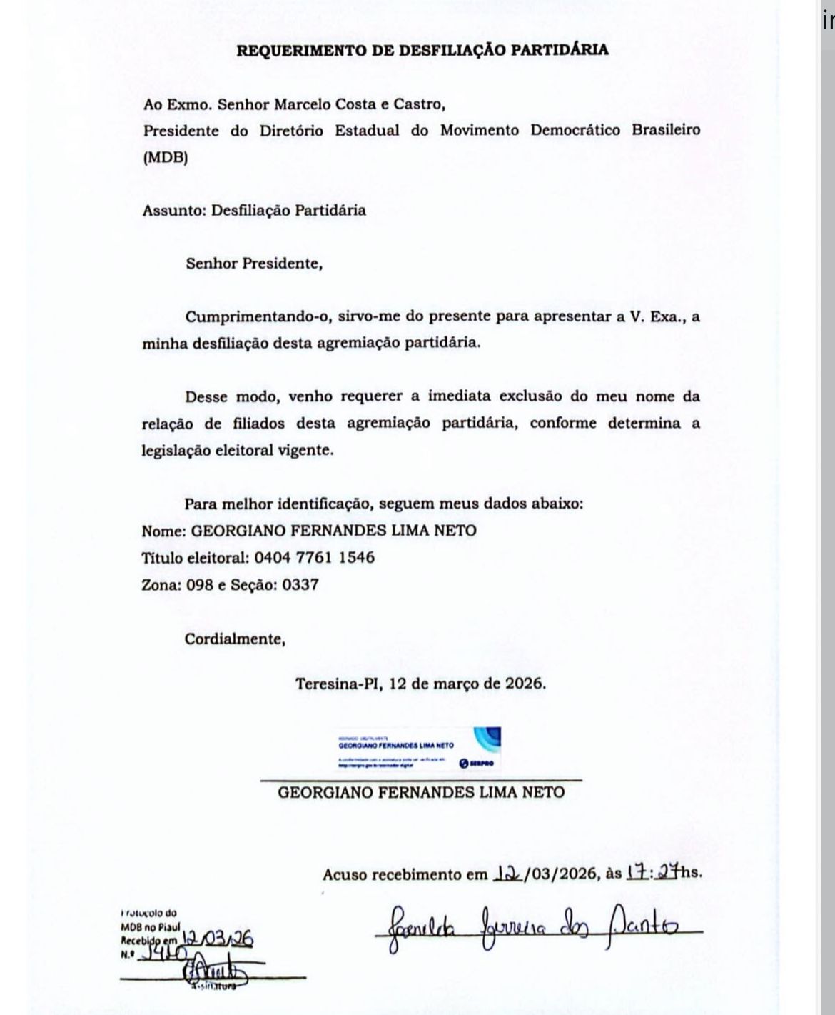 Deputado Georgiano Neto pede desfiliação do MDB após rompimento de aliança - Imagem 1