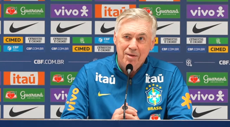 Ancelotti durante entrevista coletiva da Seleção Brasileira | Reprodução/CBF