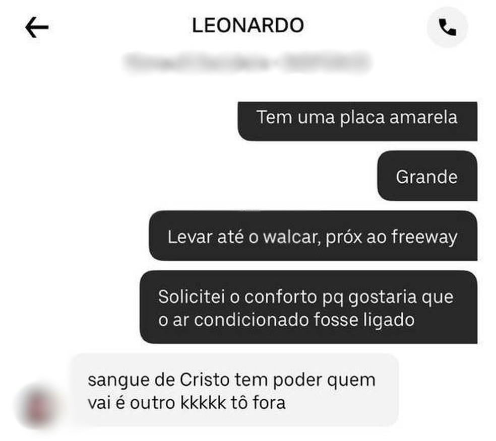 Print da conversa entre a passageira e o motorista - Foto: Reprodução