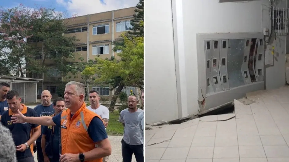 Vice-prefeito, engenheiros e Defesa Civil atuam no local onde prédio cedeu em Itajaí - Foto: NSC TV // Defesa Civil de Itajaí/Divulgação