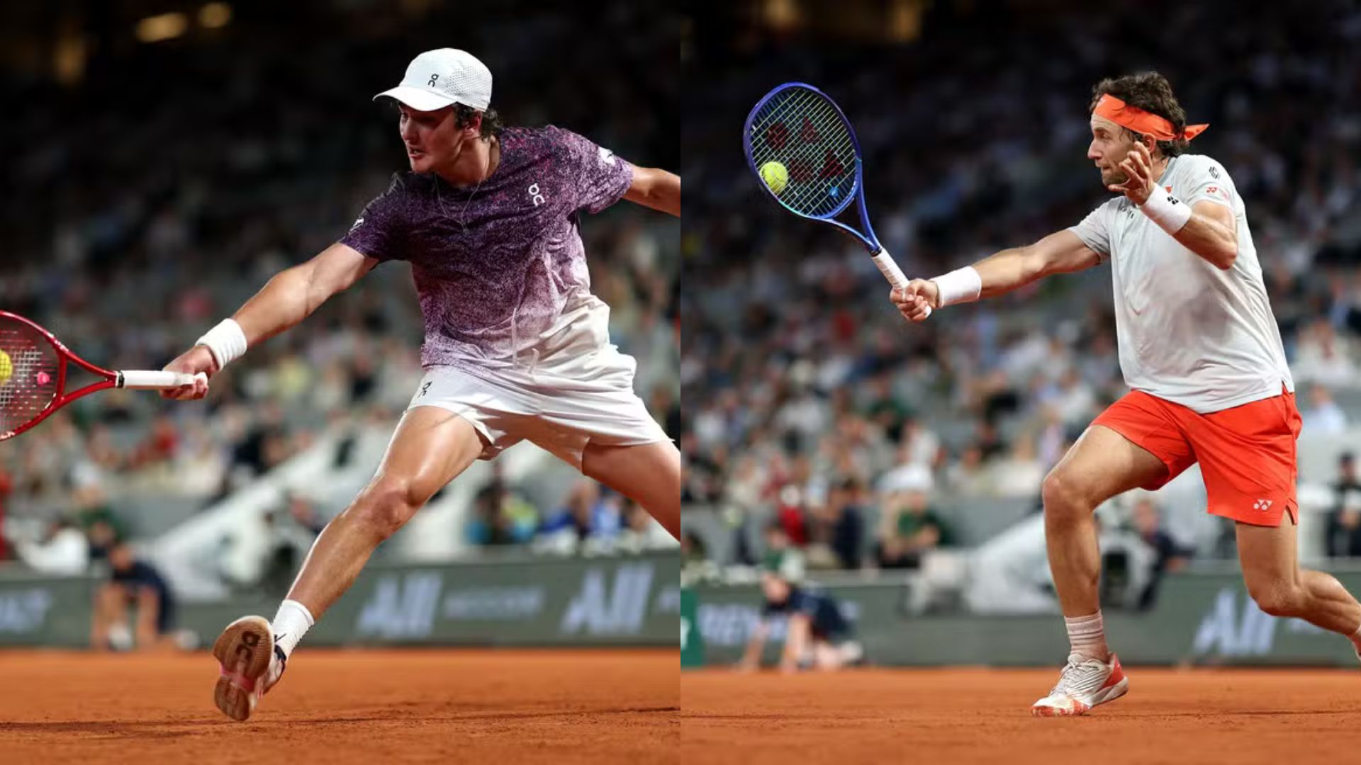 João Fonseca em ação contra Casper Ruud, em Roland Garros | Fotos: Clive Brunskill/Getty Images 