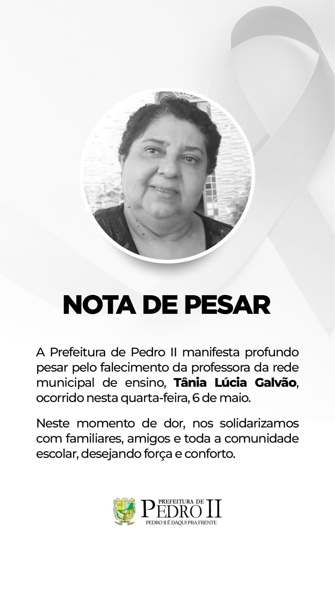 Nota de pesar da prefeitura de Pedro II./Foto: Prefeitura de Pedro II. 