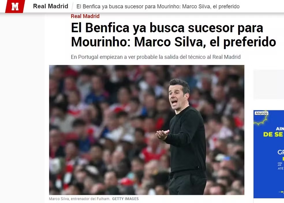 Real Madrid acelera retorno de Mourinho, e Benfica já procura substituto — Foto: Reprodução/Marca 