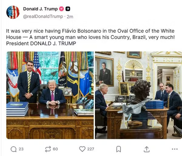 Trump faz post sobre encontro com Flávio Bolsonaro — Foto: Reprodução/Truth Social