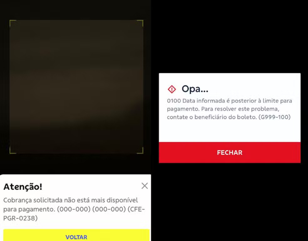 Capturas de tela mostram impossibilidade de pagar boleto ou QR code de PIX — Foto: Reprodução/Redes sociais