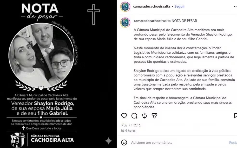 Câmara Municipal de Cachoeira Alta publicou nota nas redes sociais lamentando a morte do vereador e da família. — Foto: Divulgação/Câmara Municipal de Cachoeira Alta