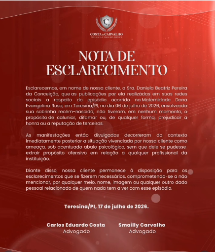 Nota de esclarecimento da defesa de Daniela./Foto: Reprodução.
