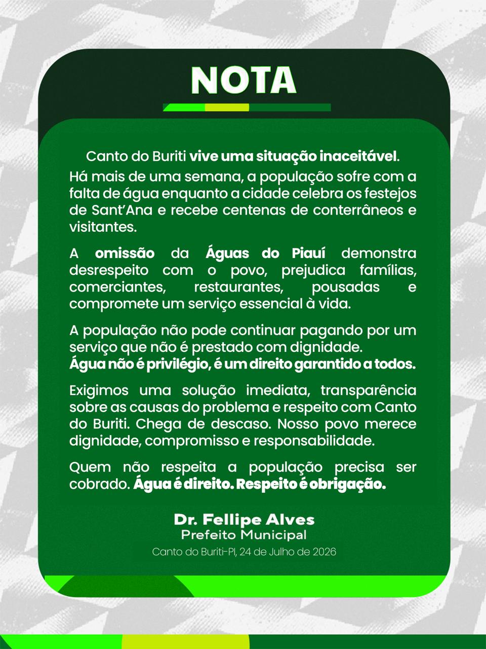 Prefeitura de Canto do Buriti cobra providências da Águas do Piauí diante da falta de abastecimento | Foto/Reprodução