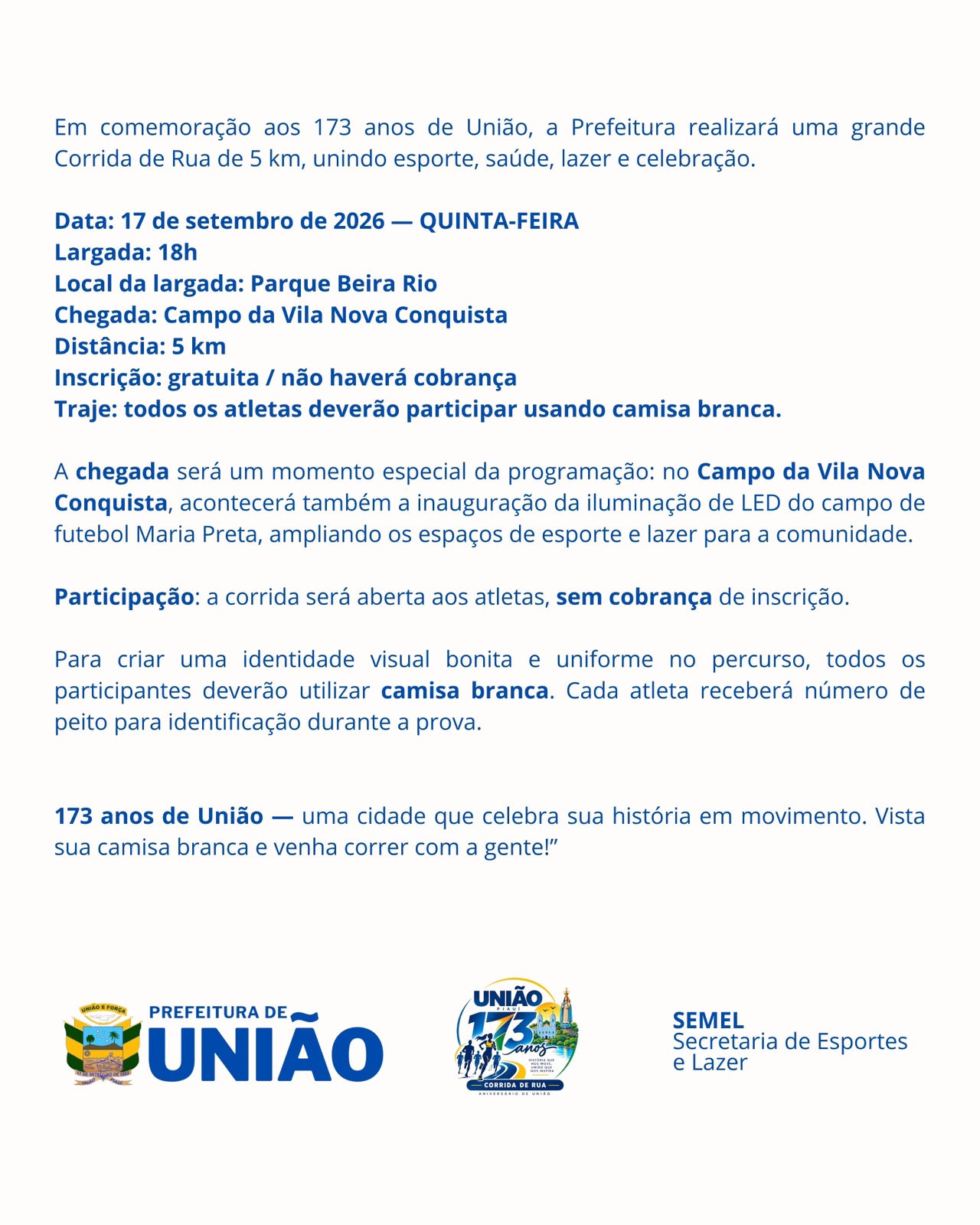 União celebra 173 anos com shows, corrida de rua e inaugurações - Divulgação/ASCOMUnião celebra 173 anos com shows, corrida de rua e inaugurações - Divulgação/ASCOM